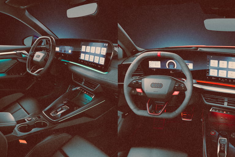 Modern luxury Audi car interior featuring digital cockpit displays and ambient lighting.