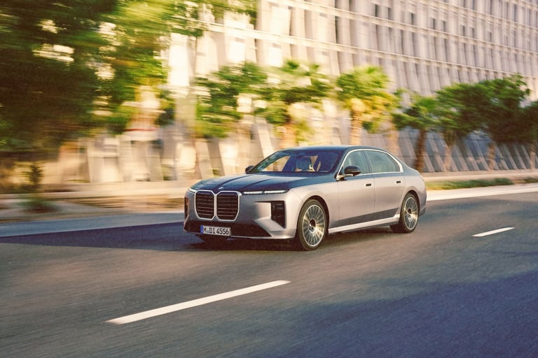 A silver BMW i7 luxury electric sedan driving on a city street past modern architecture.