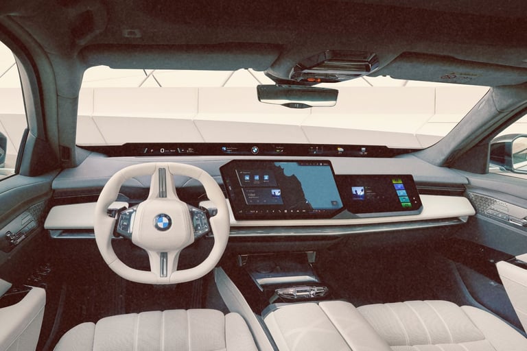 Modern luxury BMW interior featuring a curved digital dashboard display and white leather steering wheel.