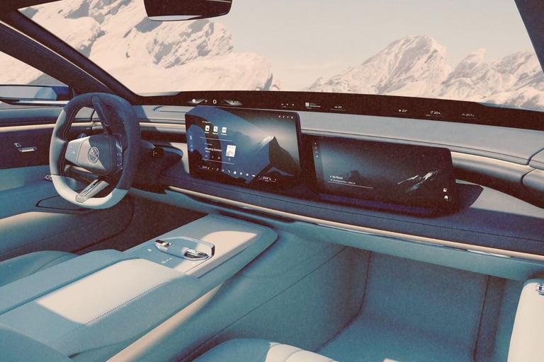 Modern luxury BMW Alpina interior with digital dashboard displays and snowy mountain views.