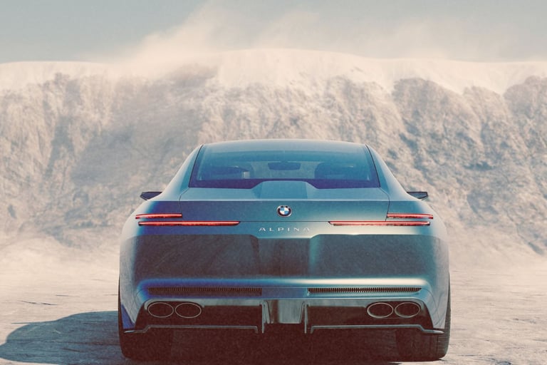 Rear view of a luxury BMW Alpina sedan parked in a snowy mountain landscape.