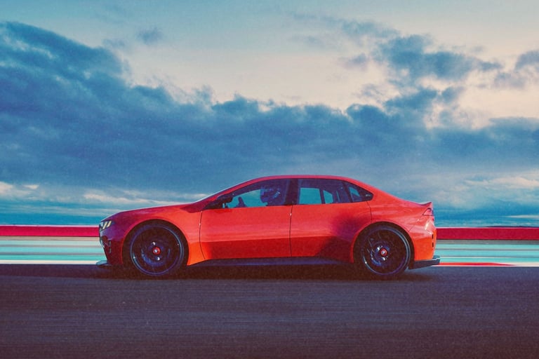 Side profile of a red high-performance sports sedan racing on a track under a cloudy sky.