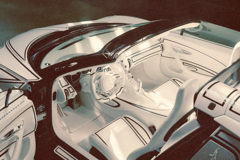 Overhead view of a custom white luxury sports car interior with black pinstripe detailing.