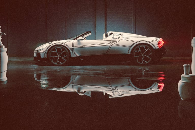 Side view of a Bugatti Mistral luxury roadster with hand-painted sketch lines and a wet floor reflection.