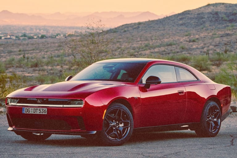 A sleek red Dodge Charger Daytona EV parked in a desert landscape during a vibrant sunset.