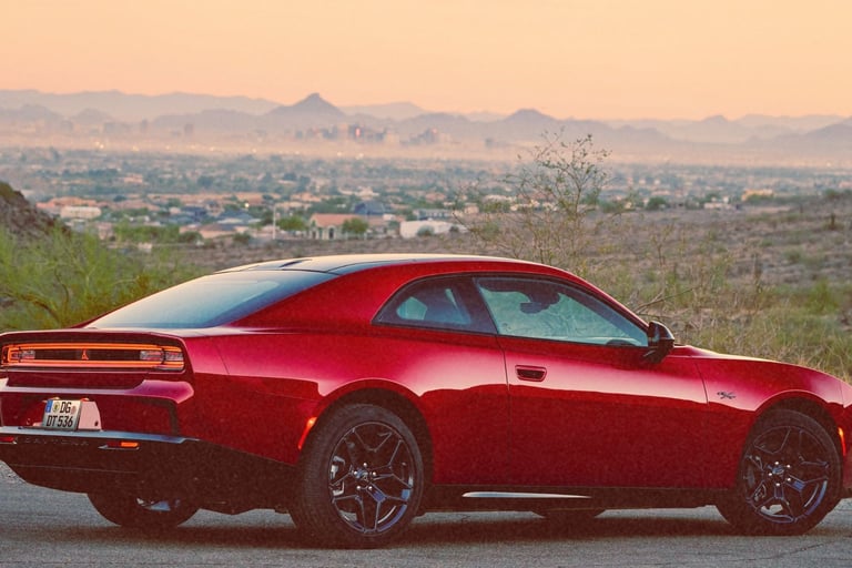 A red Dodge Charger Daytona electric muscle car parked on a mountain overlook at sunset.
