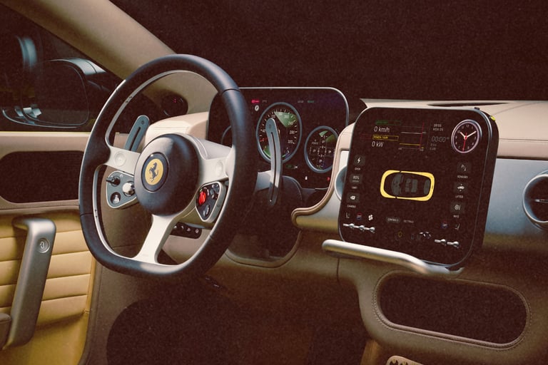 Luxury Ferrari interior featuring a leather steering wheel and modern digital dashboard display.