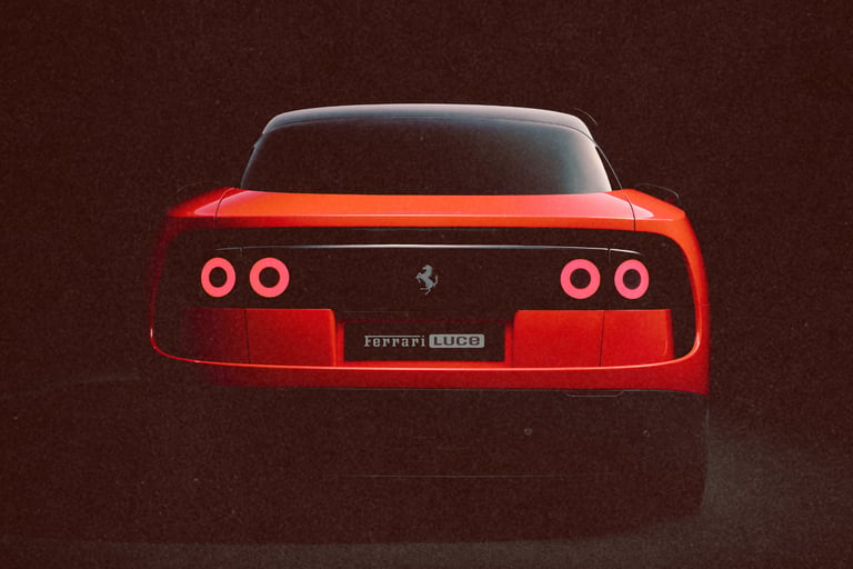 Rear view of a red Ferrari Luce concept car with glowing round taillights on a dark background.
