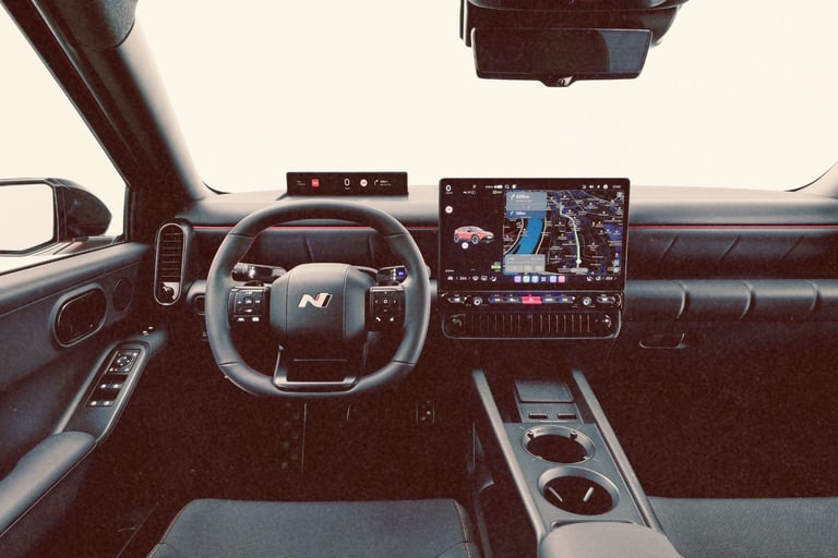 Modern interior of a Hyundai Ioniq 3 N featuring a digital dashboard and navigation screen.