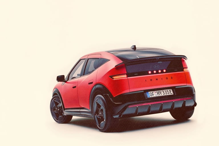 Rear view of a red Hyundai IONIQ 3 electric crossover SUV with pixel LED lighting on a white background.