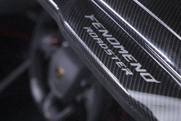 Close-up of Fenomeno Roadster logo on carbon fiber interior trim of a luxury supercar.