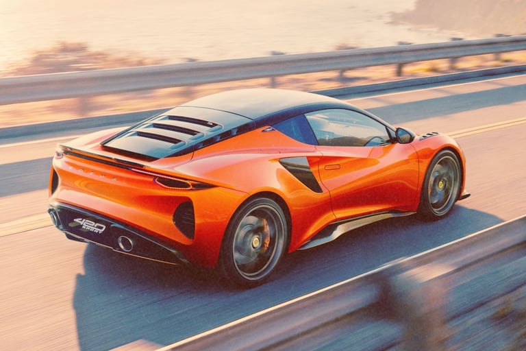 An orange Lotus Emira sports car driving on a scenic coastal highway at sunset.