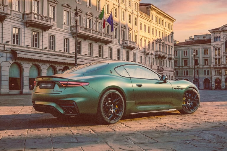 A green Maserati GranTurismo luxury sports car parked in a historic Italian city square at sunset.