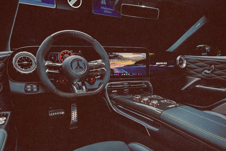 Luxury interior of a Mercedes-AMG sports car featuring a carbon fiber steering wheel and digital dashboard.