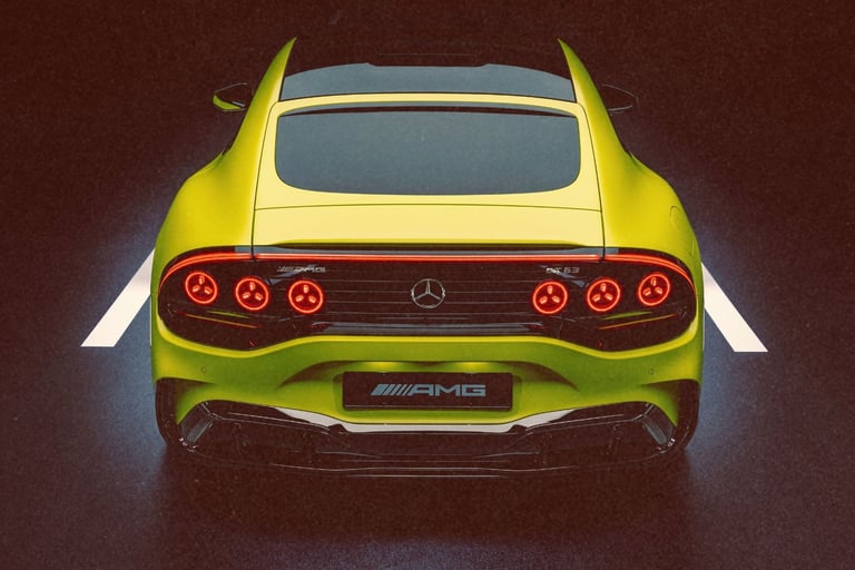 Rear view of a yellow Mercedes-AMG GT 63 luxury sports car featuring round LED taillights on a dark road.