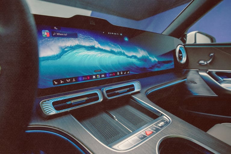 Luxury electric car interior featuring a wide MBUX hyperscreen dashboard with digital wave wallpaper and ambient lighting.