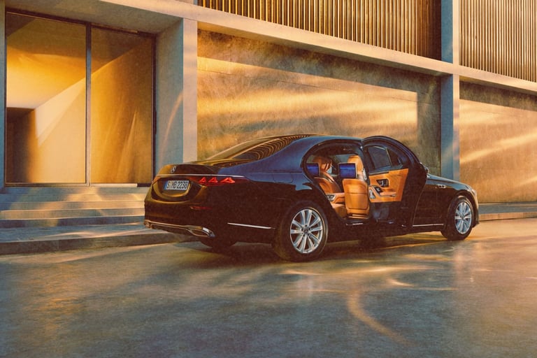 Black Mercedes-Benz S-Class luxury sedan with open rear door and tan leather interior at sunset.