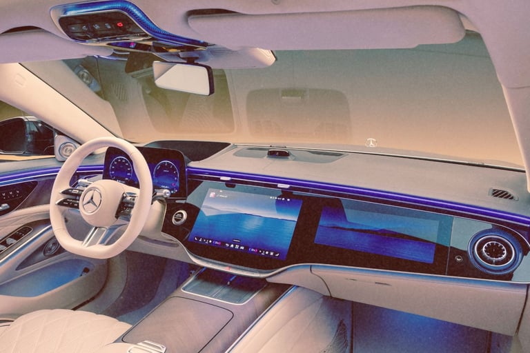 Luxury Mercedes-Benz interior featuring the MBUX Hyperscreen dashboard and ambient lighting.