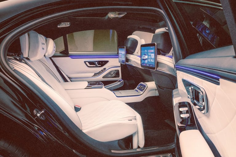 Luxury car interior featuring white leather seats, ambient lighting, and rear seat entertainment screens.