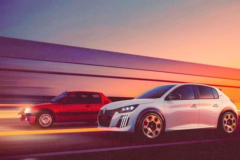 A modern white Peugeot 208 and a vintage red Peugeot 205 GTi driving fast at sunset.