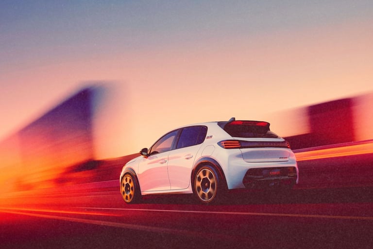 White Peugeot 208 electric hatchback driving at high speed during a vibrant sunset.