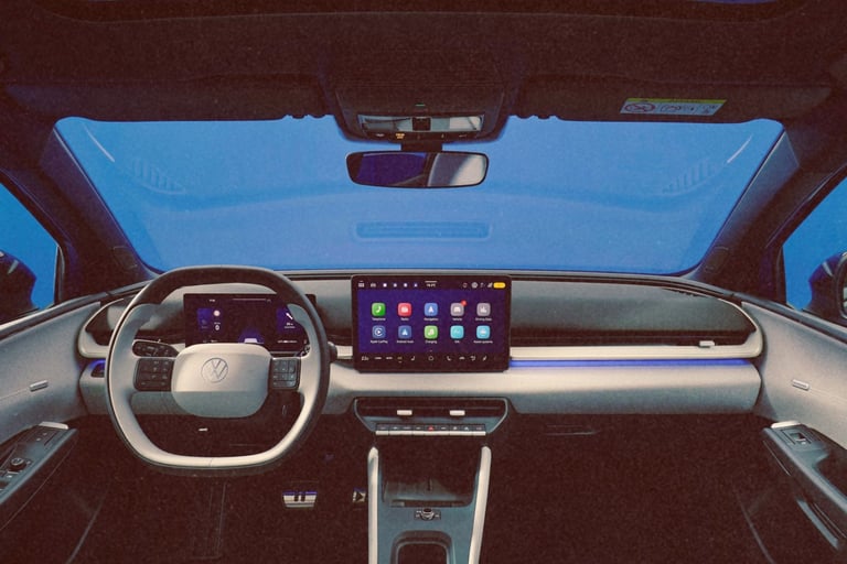 Modern Volkswagen electric vehicle interior featuring a digital cockpit and large touchscreen infotainment display.