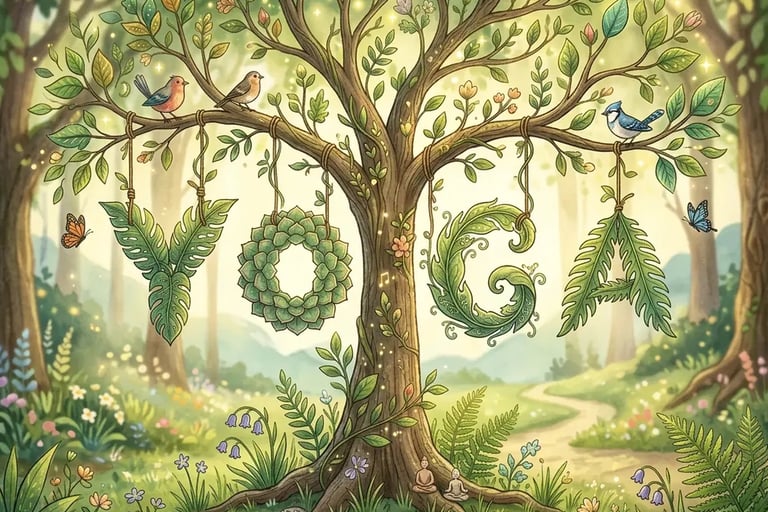 letters having from leaves spell out the word "Yoga""