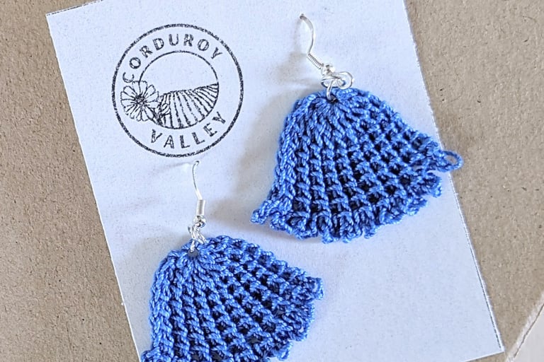 blue handmade crocheted cotton earrings, soft and lightweight with delicate bellflower shape
