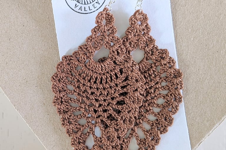 Warm brown crocheted lace teardrop dangle earring handmade of cotton
