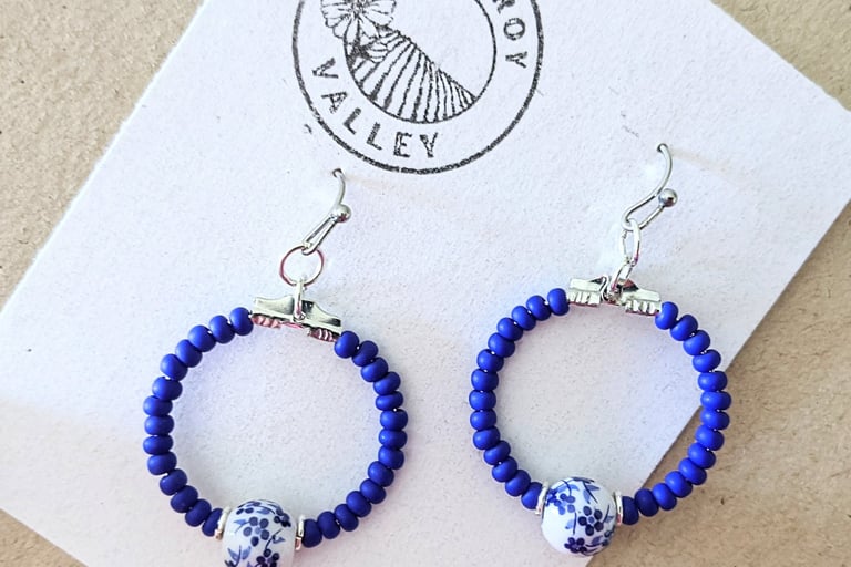 Charming Blue and White European Heritage Inspired Beaded Handmade Earrings