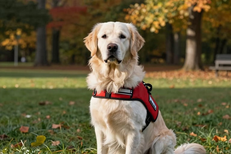 A beautiful wide photograph of a golden retriever wearing a professional red service dog vest, sitting in a sunlit Indiana park with North American autumn foliage in the background, off-white and forest green atmosphere.