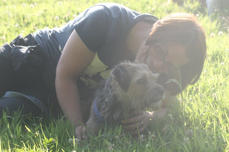 Suzanne from Bark and Ride with her Border Terrier, Stan