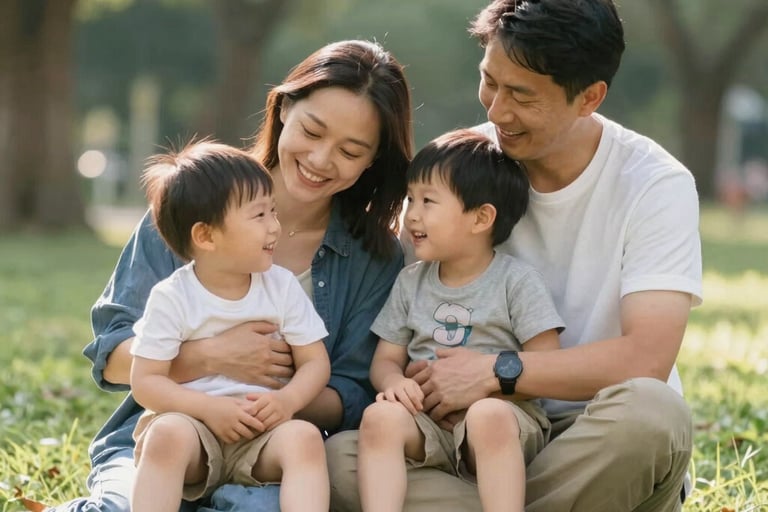A happy Asian family with two young sons sitting on the grass in a sunny park.