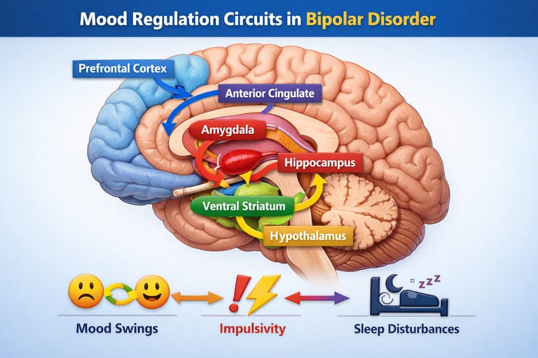 Diagram of mood regulation brain circuits in bipolar disorder showing the amygdala, hippocampus, and prefrontal cortex.