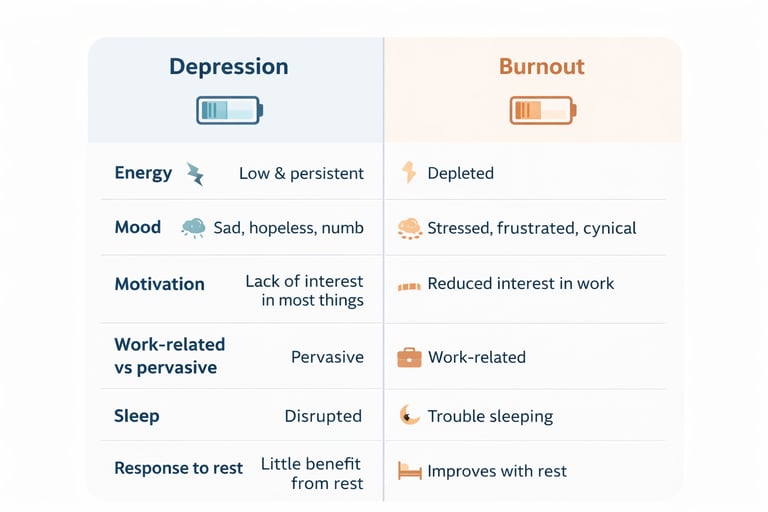 Comparison chart showing differences between depression and burnout symptoms like energy, mood, and sleep.