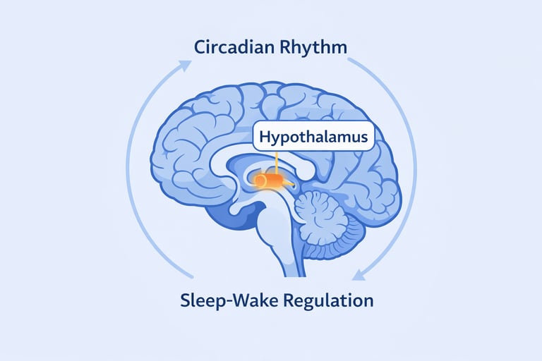 Diagram of the human brain hypothalamus showing its role in circadian rhythm and sleep-wake regulation.