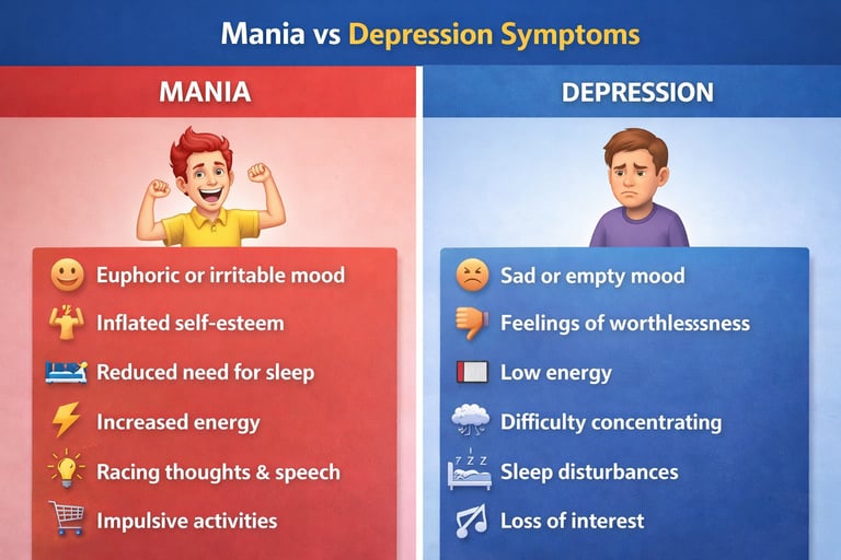 Comparison chart of bipolar disorder mania vs depression symptoms with descriptive icons.