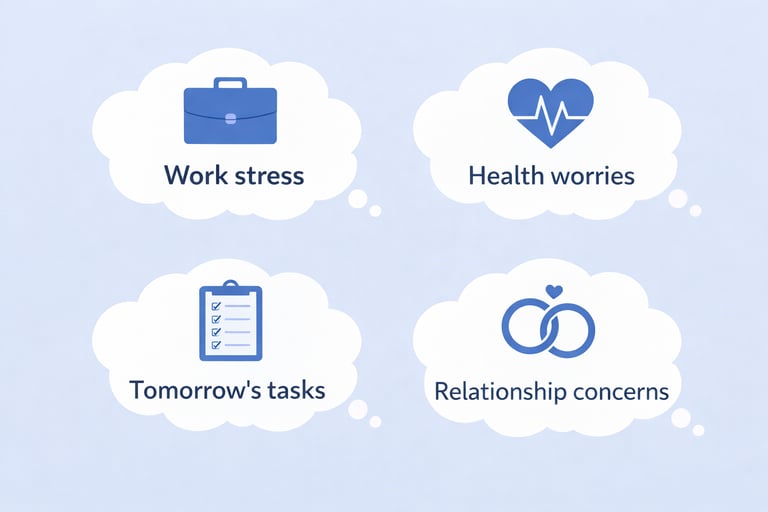 Infographic showing common sources of anxiety like work stress, health worries, tasks, and relationship concerns.