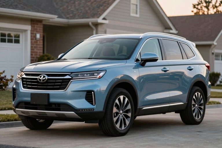 A modern SUV parked on a clean North American suburban driveway at golden hour, the vehicle is slate blue and gleaming, professional automotive photography emphasizing security.