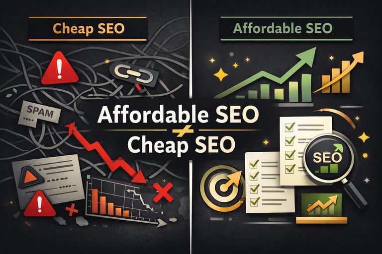 Infographic comparing messy cheap SEO with spam and declining charts to professional affordable SEO strategies for growth.