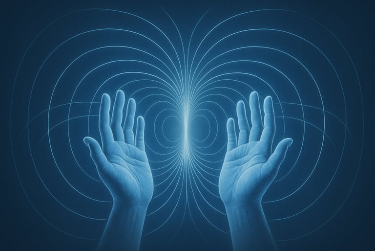 Lien entre sciences et pratiques énergétiques, mains entourées d'ondes électro-magnétiques