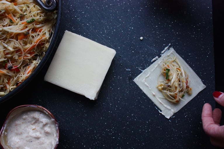 rolling Thai spring rolls