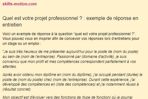 quel est votre projet professionnel entretien exemple