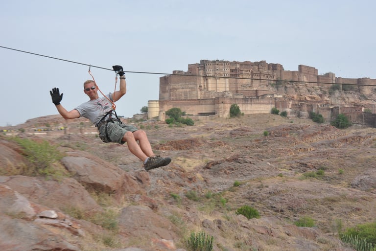Zip wire or flying fox course at the Mehrangarh fort, Jodhpur, Rajasthan, India