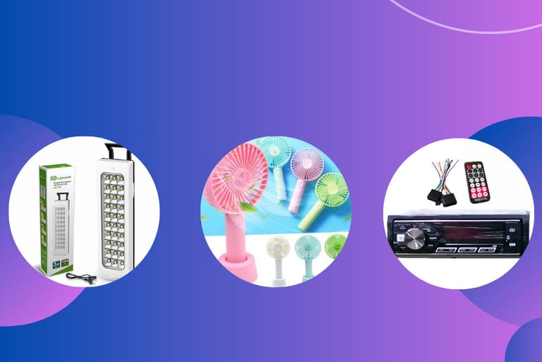 A pic representing electronics like car mp3, Torches, fans and gadgets – shop at ZahanatOnline