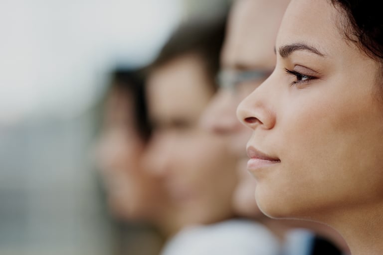 Profile of serious female student in the classroom.