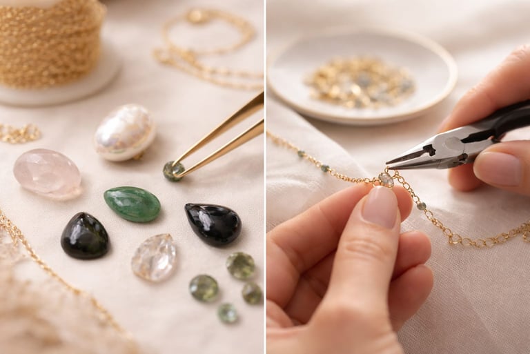 “Proceso de joyería artesanal con piedras preciosas y cadenas de oro.