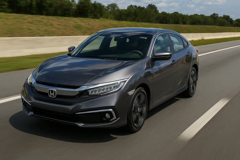 Honda Civic 2017 cinza em movimento em rodovia, com fundo desfocado e luz natural.