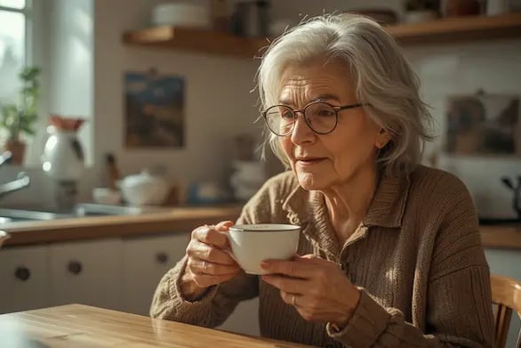 Ältere Frau genießt morgens Kaffee an einem Holztisch, umgeben von vertrauten und Geborgenheit für Menschen mit Demenz