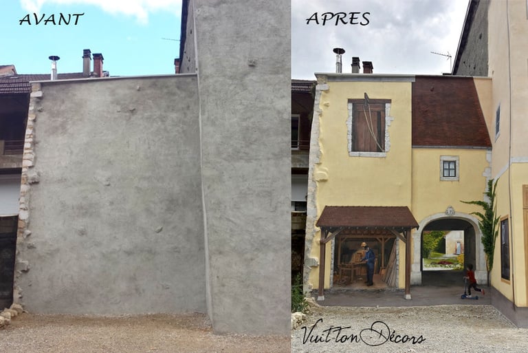 Photos avant et après la réalisation d'un grand trompe-l'oeil sur des façades, à Moirans-en-Montagne